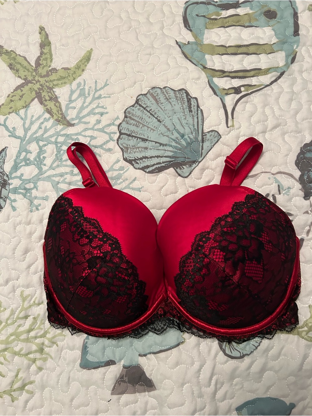 Cacique Red Bra with Black Lace Overlay